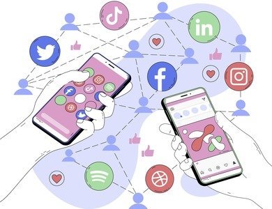 Mobile phones with social media app icons representing digital connectivity, social sharing, and online networking.