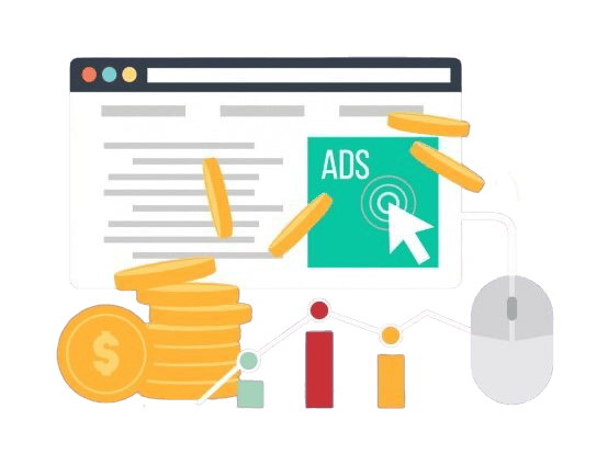 Stack of gold coins with digital marketing and advertising icons, representing online business growth and SEO strategies.